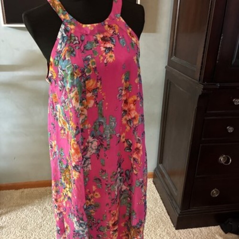 Betsey Johnson Sz 10 Pink Floral Chiffon Halter Shift Dress A-line Lined A164